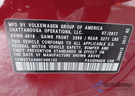 2017 Volkswagen Passat 1.8T R-Line z USA, uszkodzony, nr VIN 1VWDT7A39HC085132